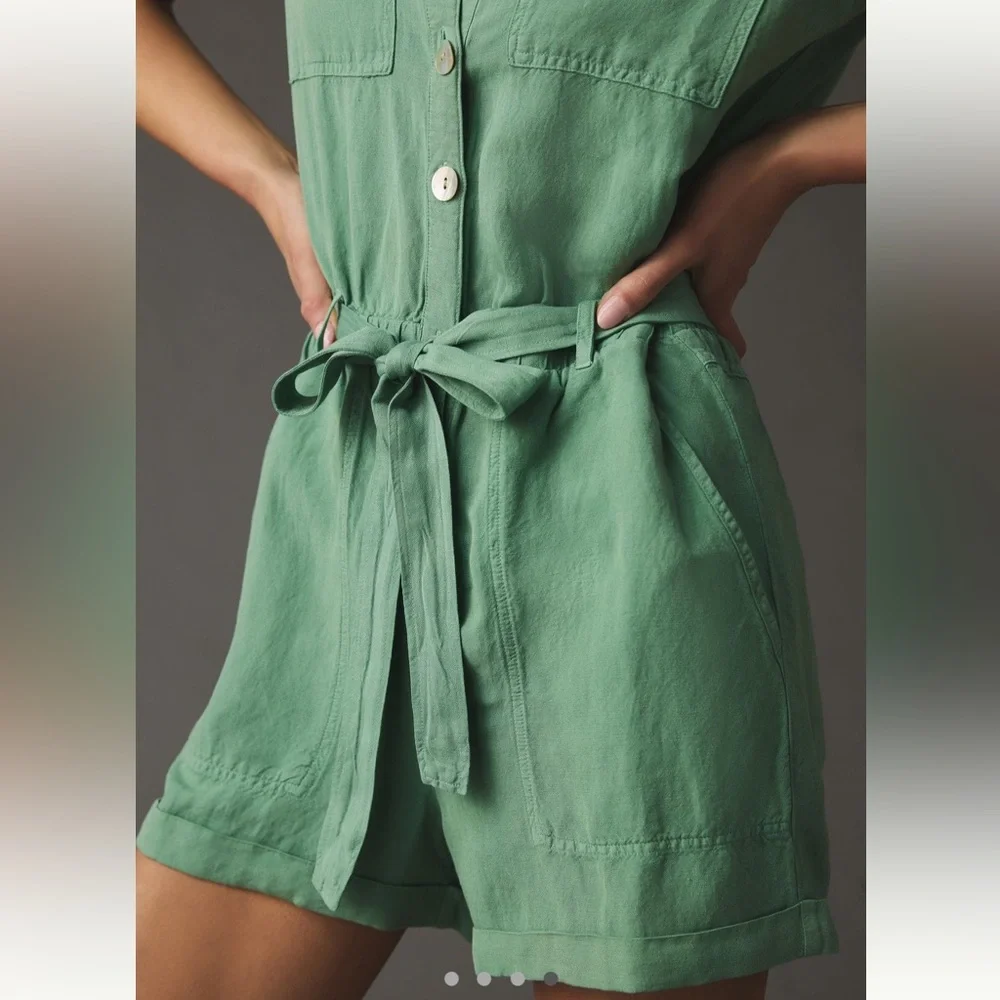 Anthropologie Cloth & Stone Utility Green Button-Up Romper - Picture 4 of 6